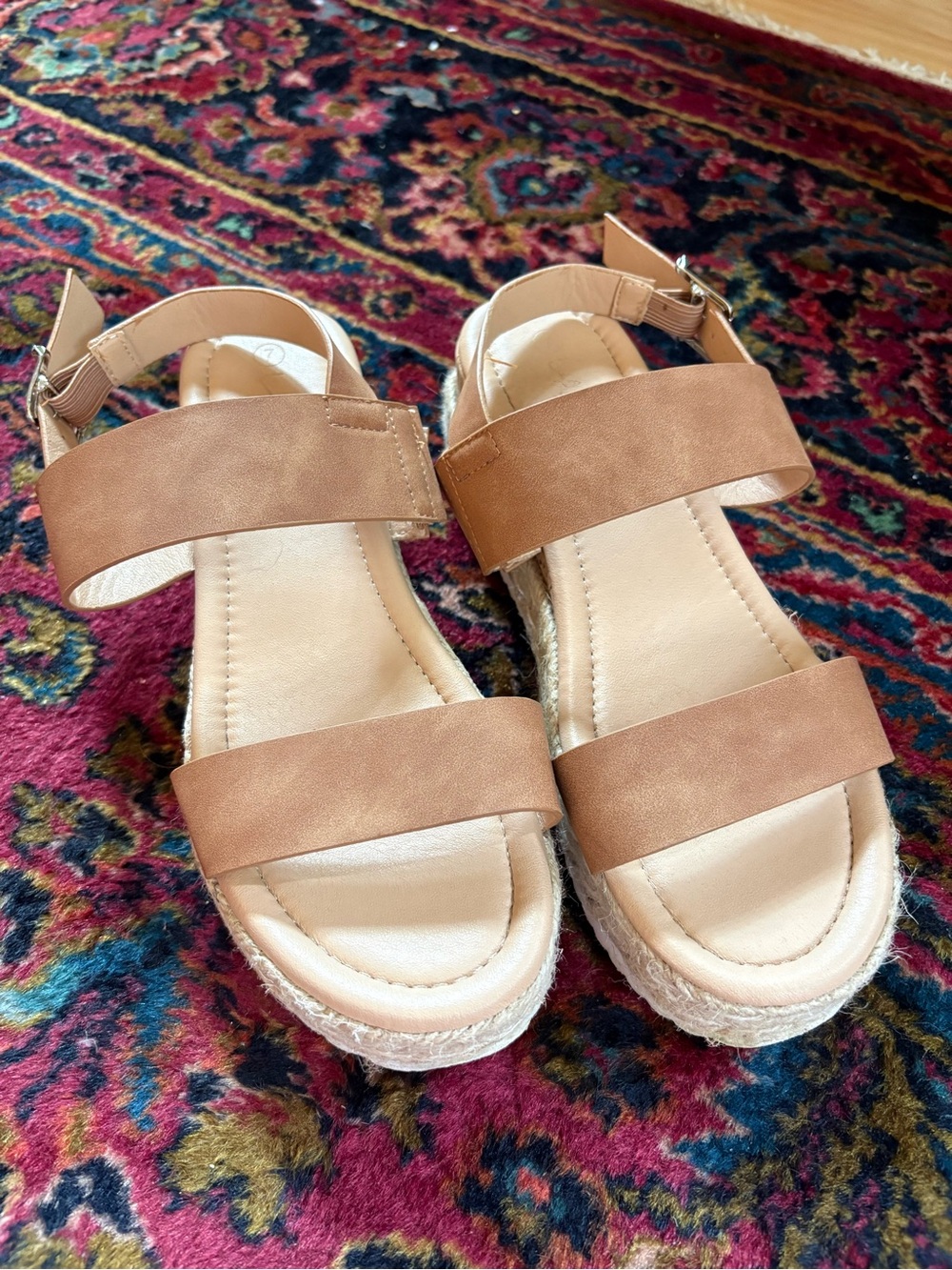 Tan Strappy Sandals with Woven Platform